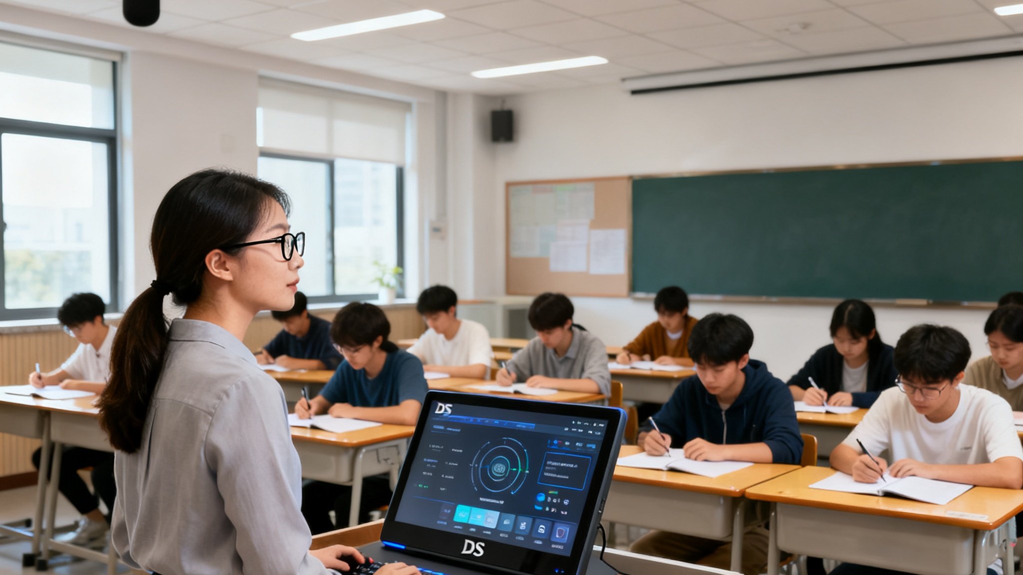 智慧录播教室内光线柔和明亮，一位戴眼镜的女教师正站在讲台前使用DS视讯智能中控屏操作录播系统，教室后方天花板安装有高清追踪摄像头和拾音设备，二十余名学生正在认真听课记笔记，画面传递出专注而现代的课堂氛围。