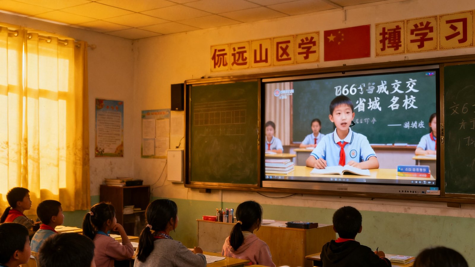 一间偏远山区小学教室内，黑板旁的86寸交互大屏上正同步直播省城名校的语文课堂，画面清晰流畅无延迟，教室内二十多名学生专注观看屏幕并跟随互动，天花板安装有DS视讯专递课堂终端设备。